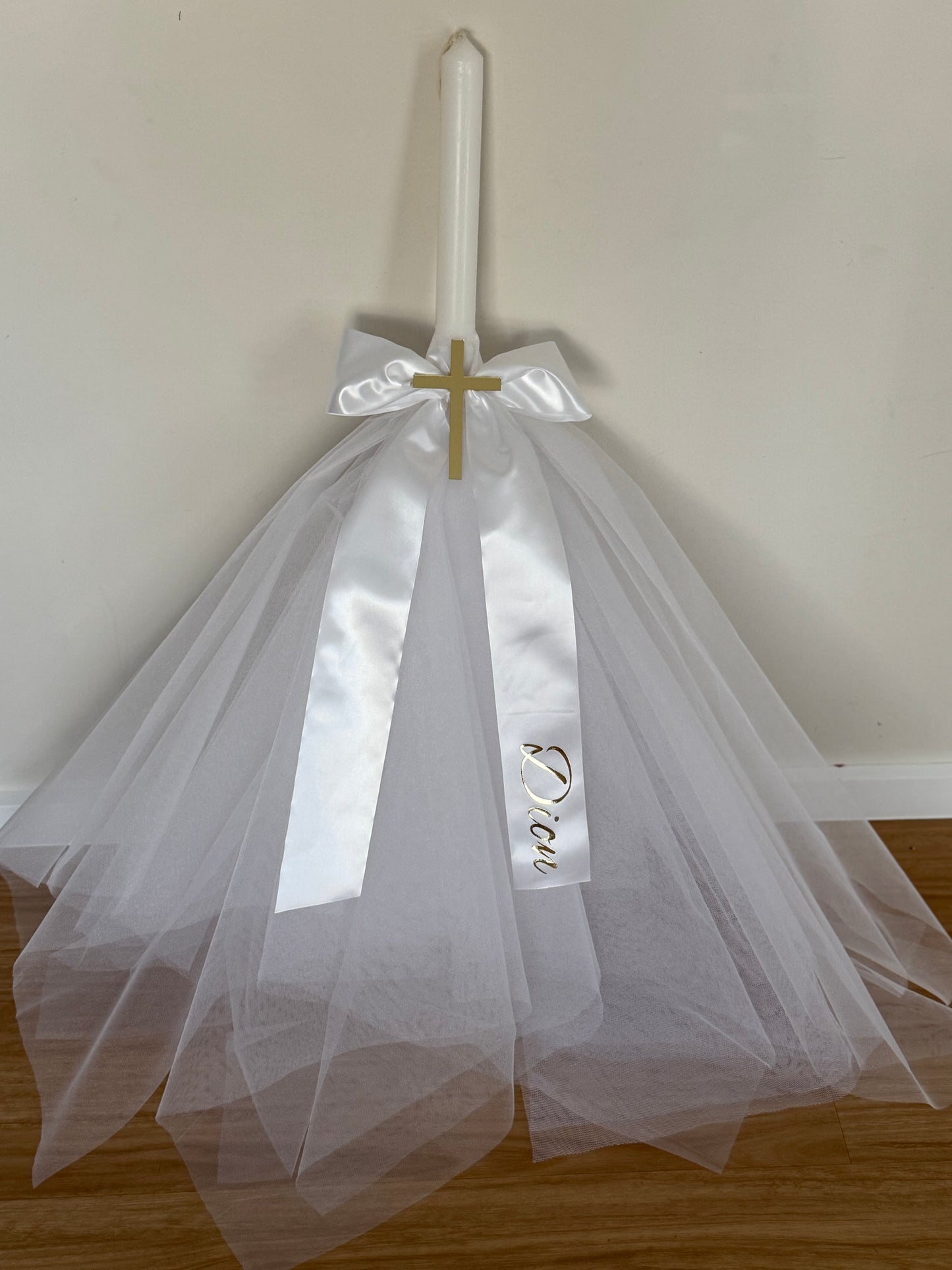 Orthodox Christening Candle - Ribbon Bow & Tulle