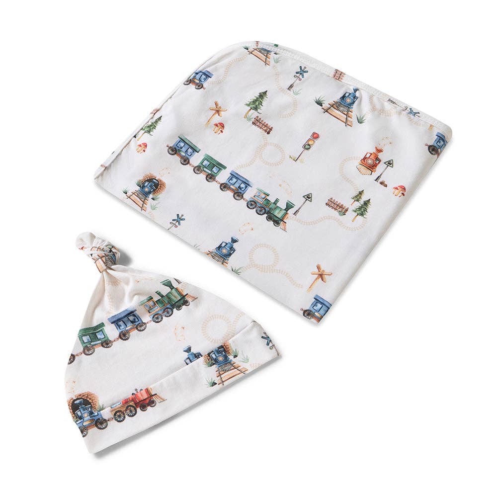 Trains Organic Jersey Wrap & Beanie Set