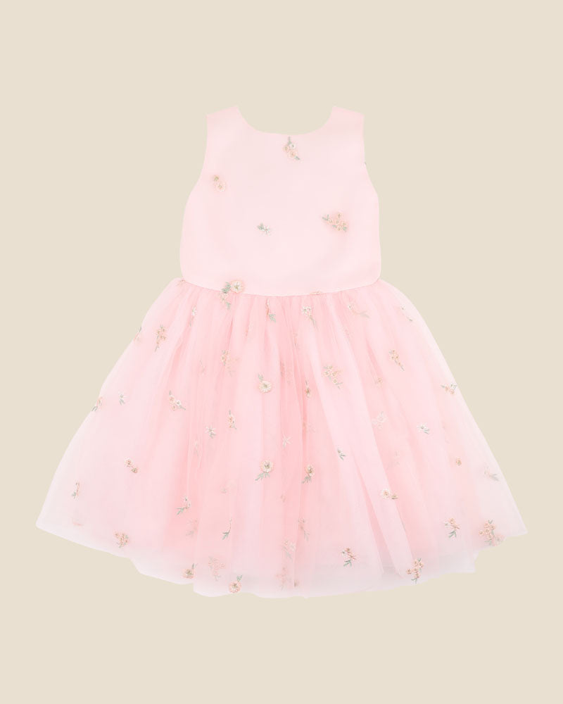 Pink Floral Embroidered Back Bow Tulle Dress (sizes 3-6 years)