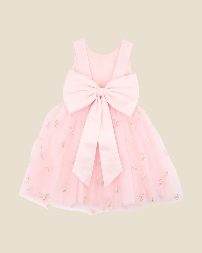 Pink Floral Embroidered Back Bow Tulle Dress (sizes 3-6 years)