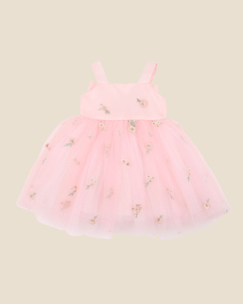 Pink Floral Embroidered Back Bow Tulle Dress with Bloomers (sizes 0-2)