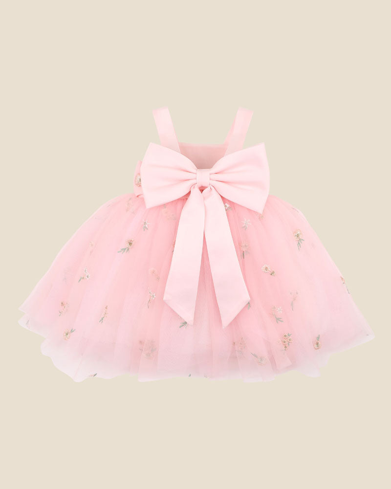 Pink Floral Embroidered Back Bow Tulle Dress with Bloomers (sizes 0-2)