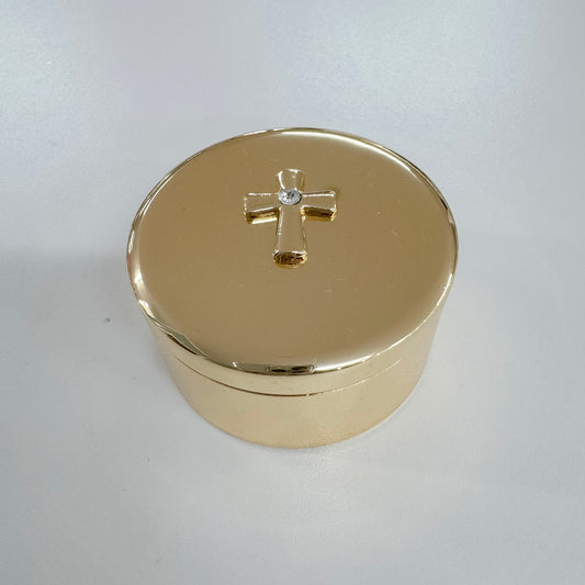 Round Trinket Box With Cross - Gold