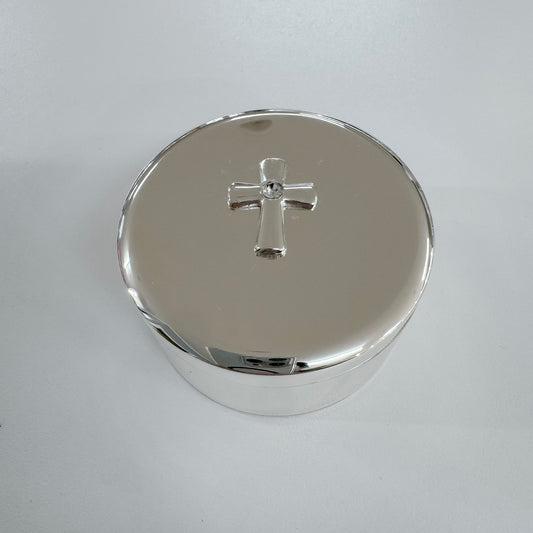 Round Trinket Box With Cross - Silver