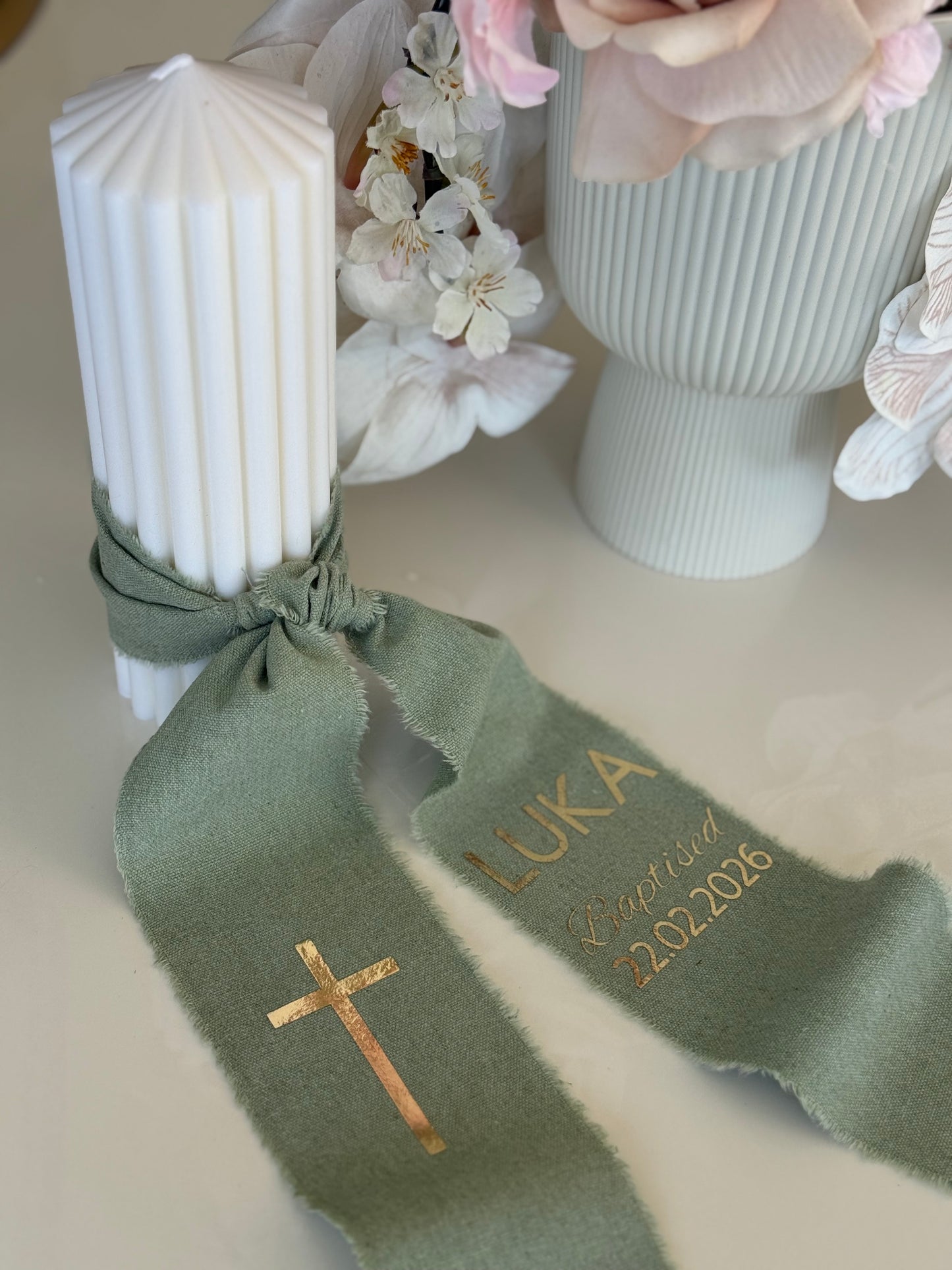 Circus Personalised Baptism Candle With Calico Ribbon