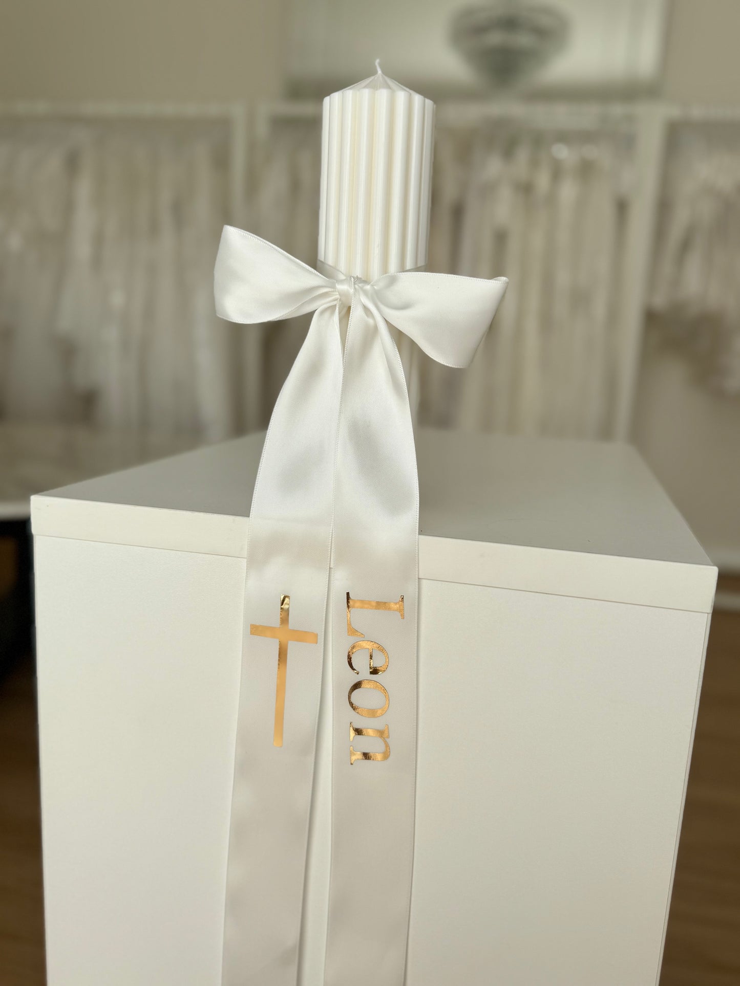 Luxe Ribbed Baptism Candle with Long Personalised Bow
