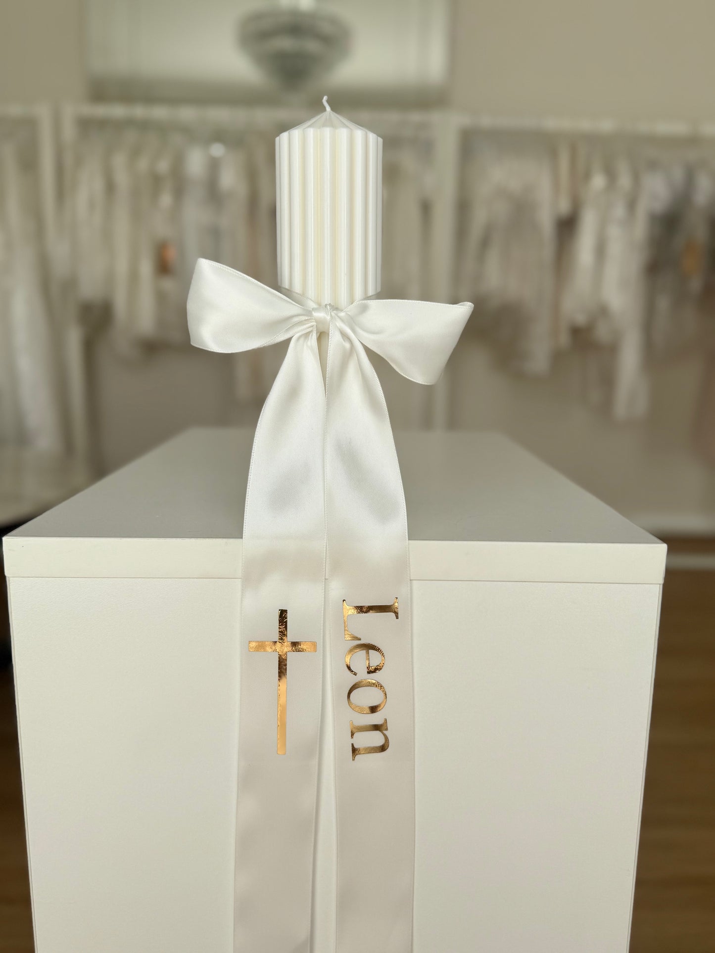 Luxe Ribbed Baptism Candle with Long Personalised Bow