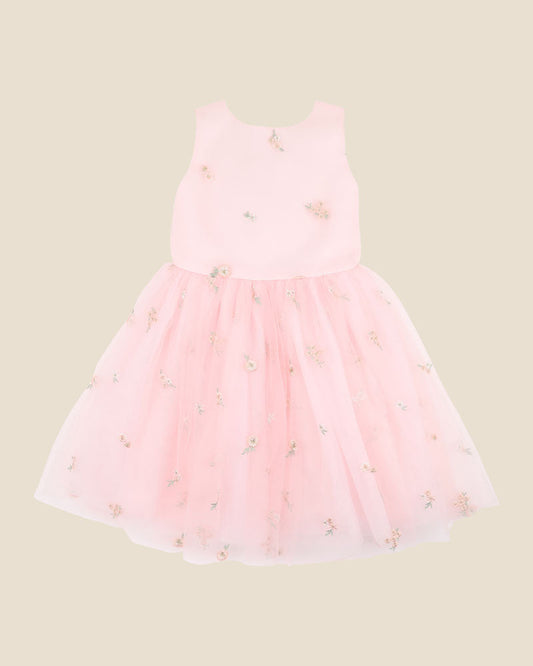 Pink Floral Embroidered Back Bow Tulle Dress (sizes 3-6 years)