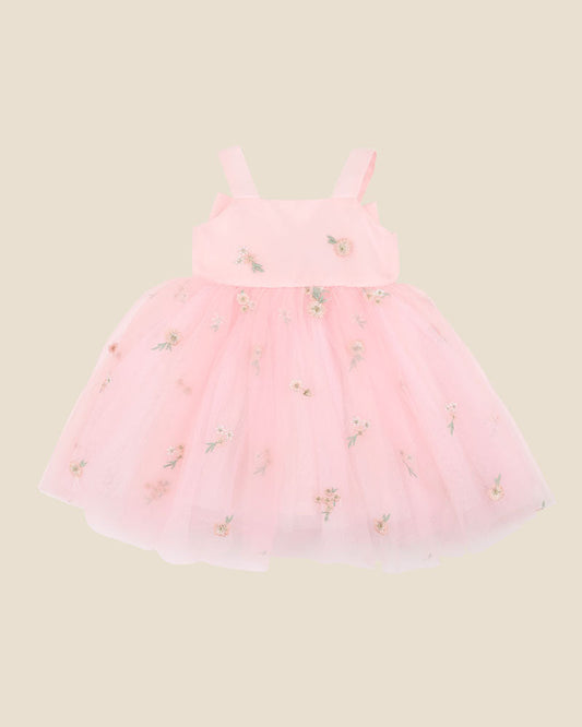 Pink Floral Embroidered Back Bow Tulle Dress with Bloomers (sizes 0-2)