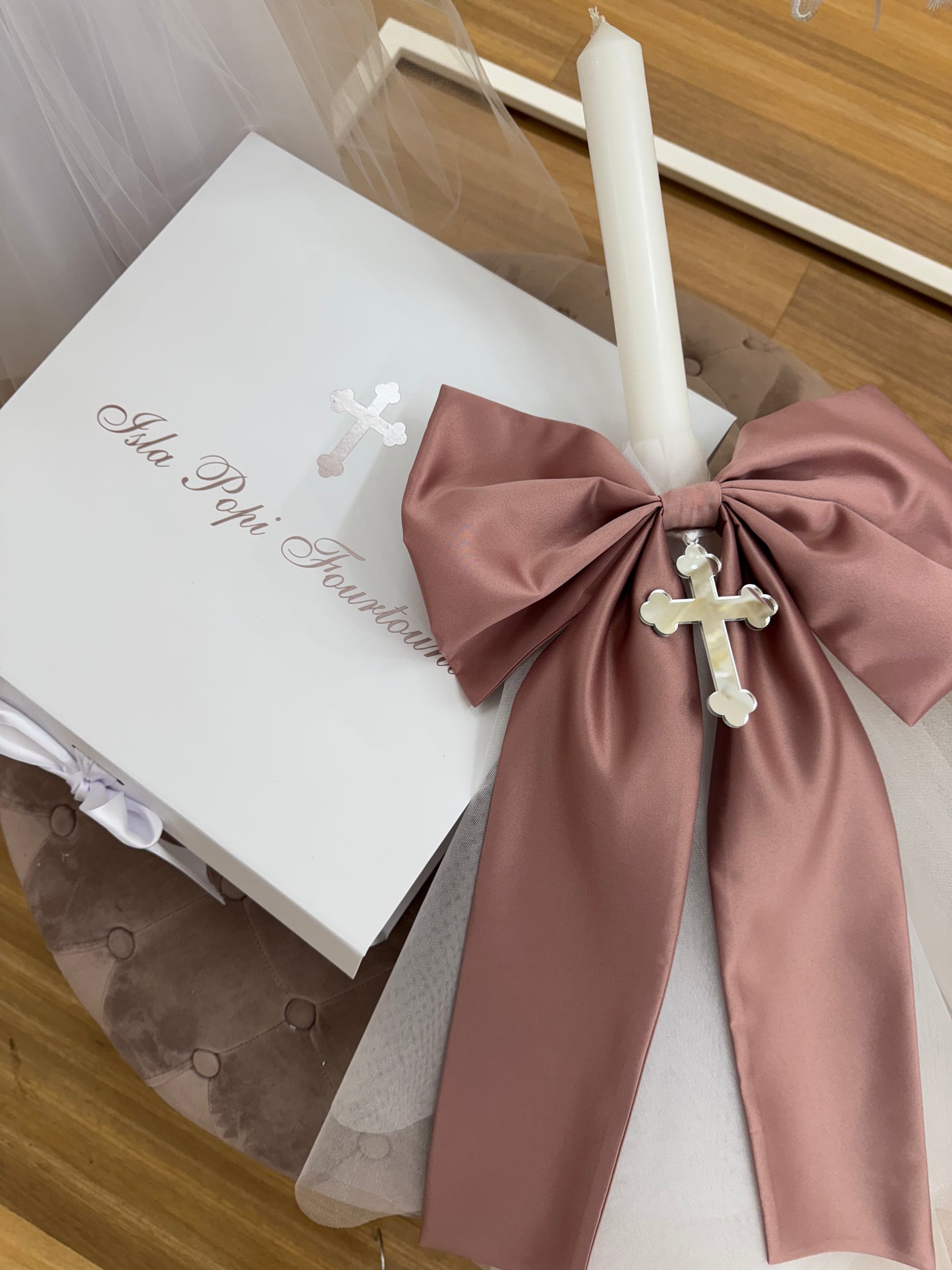 Orthodox Christening Candle - Fabric Bow