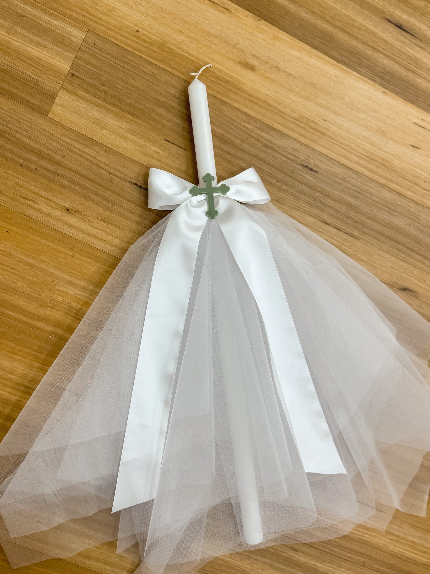 Orthodox Christening Candle - Ribbon Bow & Tulle