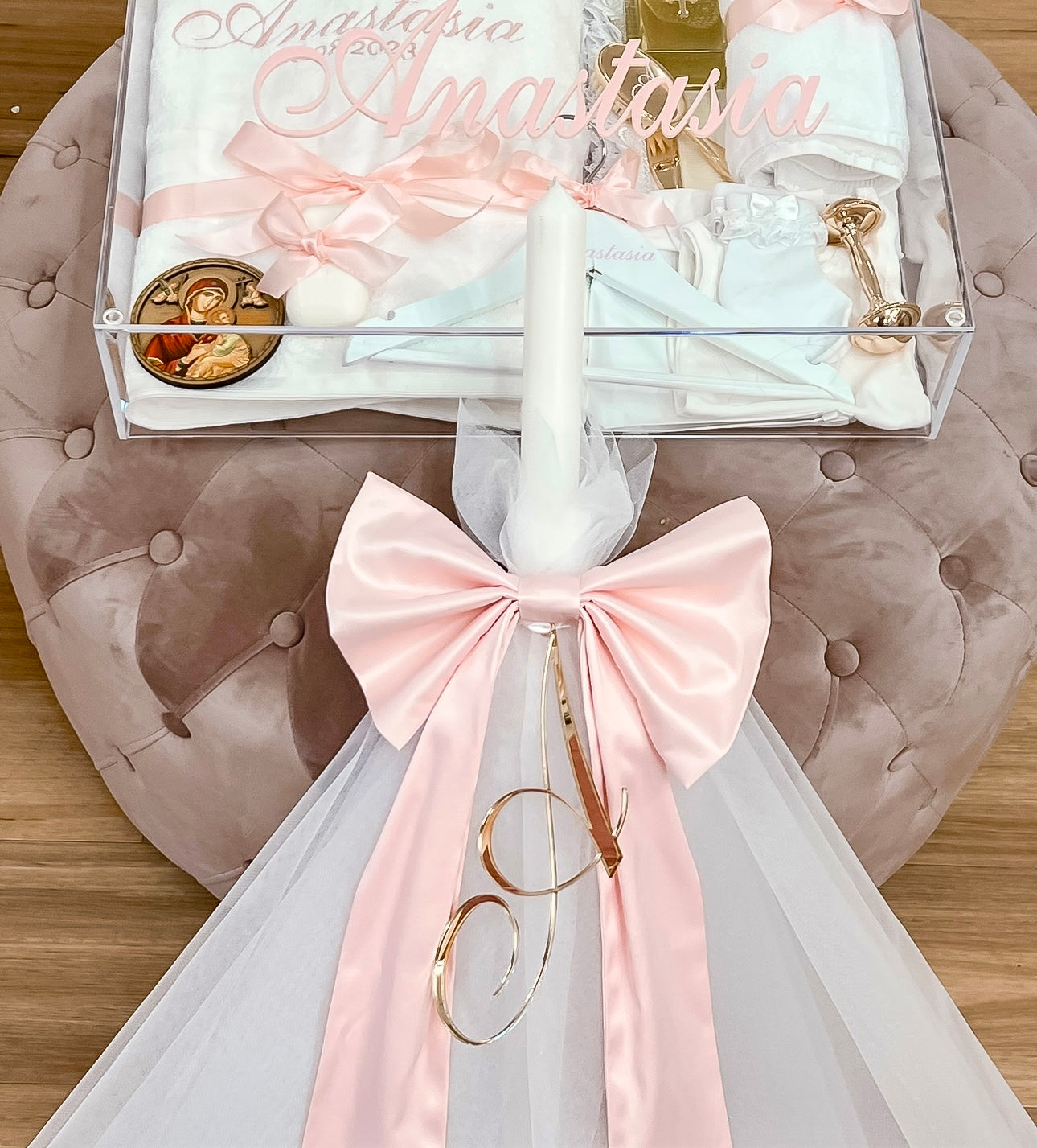 Orthodox Christening Candle - Fabric Bow