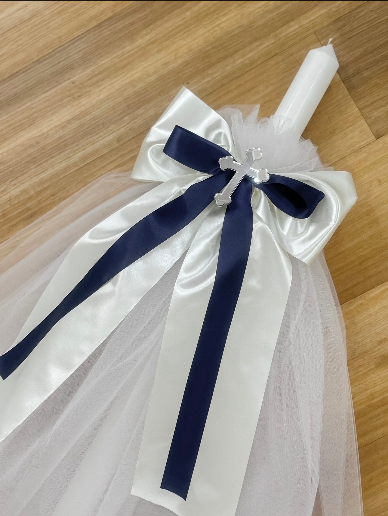Orthodox Christening Candle - Ribbon Bow & Tulle